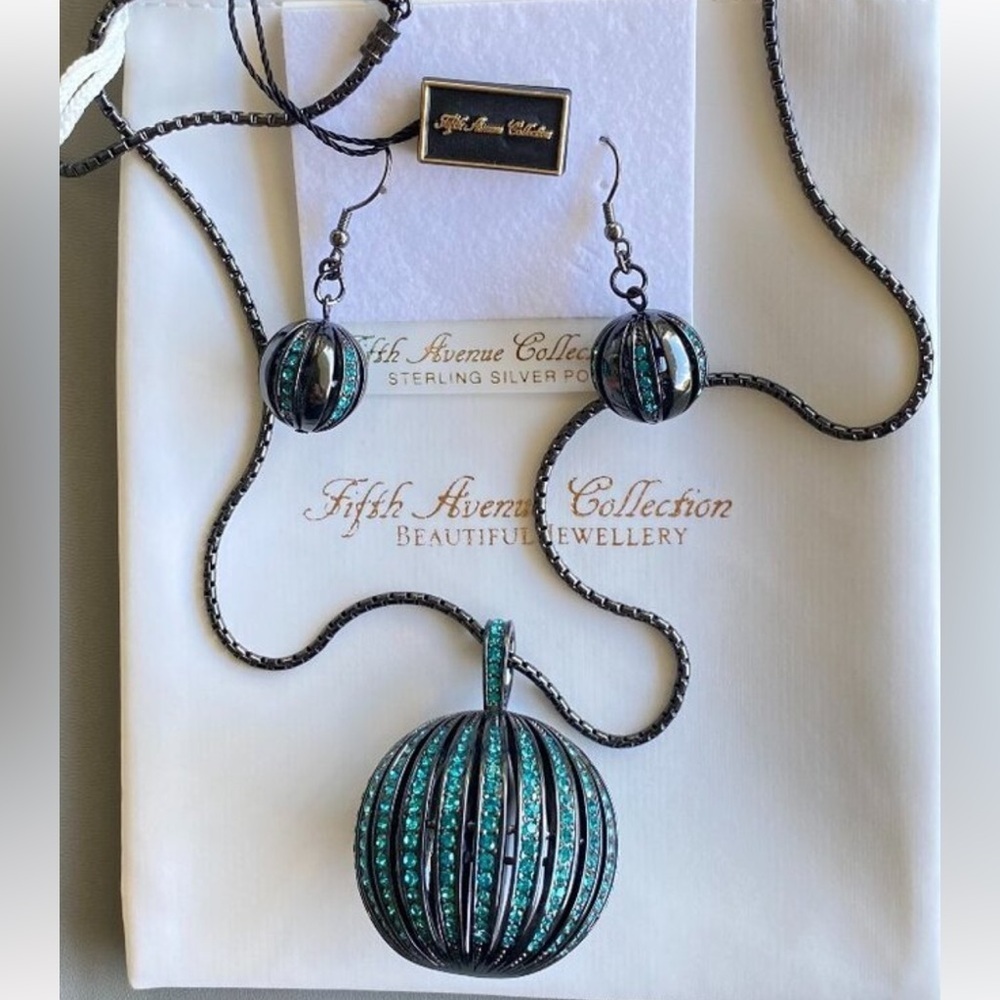 Disco Ball Teal Blue Crystal Sphere Necklace & Earrings​​​​